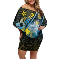 Personalised Tuvalu Family Matching Off Shoulder Short Dress and Hawaiian Shirt Dolphin On The Waves