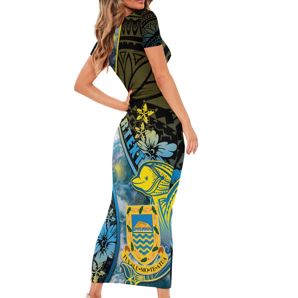 Personalised Tuvalu Family Matching Short Sleeve Bodycon Dress and Hawaiian Shirt Dolphin On The Waves