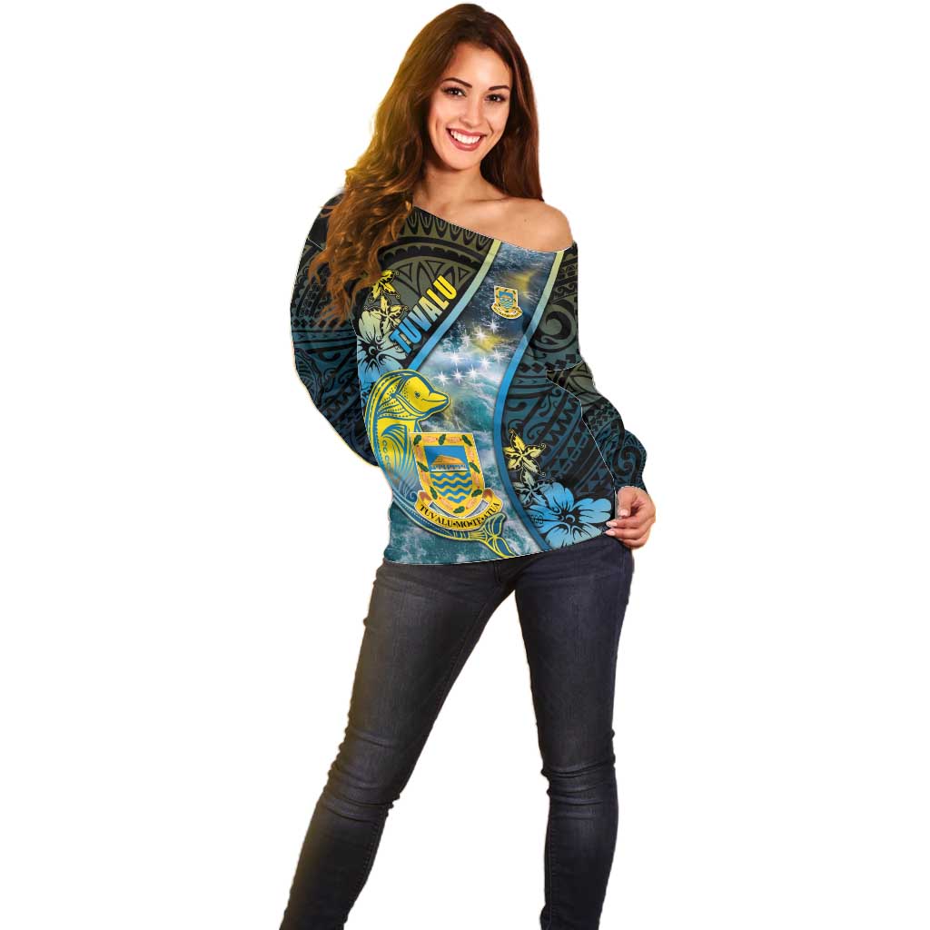 Personalised Tuvalu Off Shoulder Sweater Dolphin On The Waves