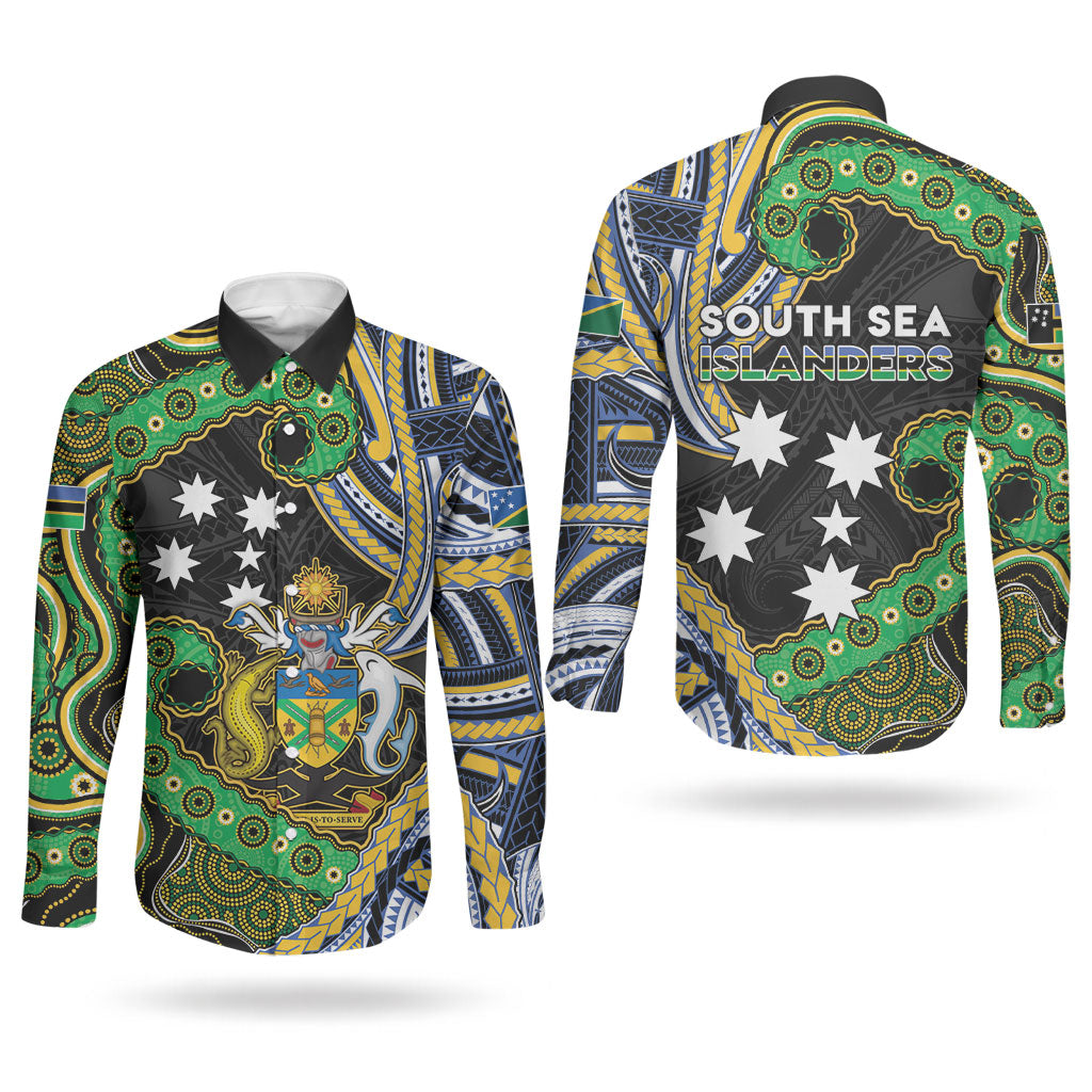 South Sea Islanders And Solomon Islands Couples Matching Long Sleeve Bodycon Dress and Long Sleeve Button Shirt Solomons Coat Of Arms And Southern Cross DT05 - Polynesian Pride