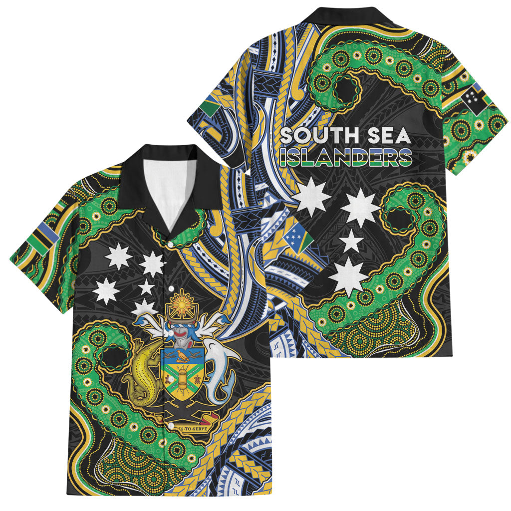 South Sea Islanders And Solomon Islands Family Matching Mermaid Dress and Hawaiian Shirt Solomons Coat Of Arms And Southern Cross DT05 Dad's Shirt - Short Sleeve Black - Polynesian Pride