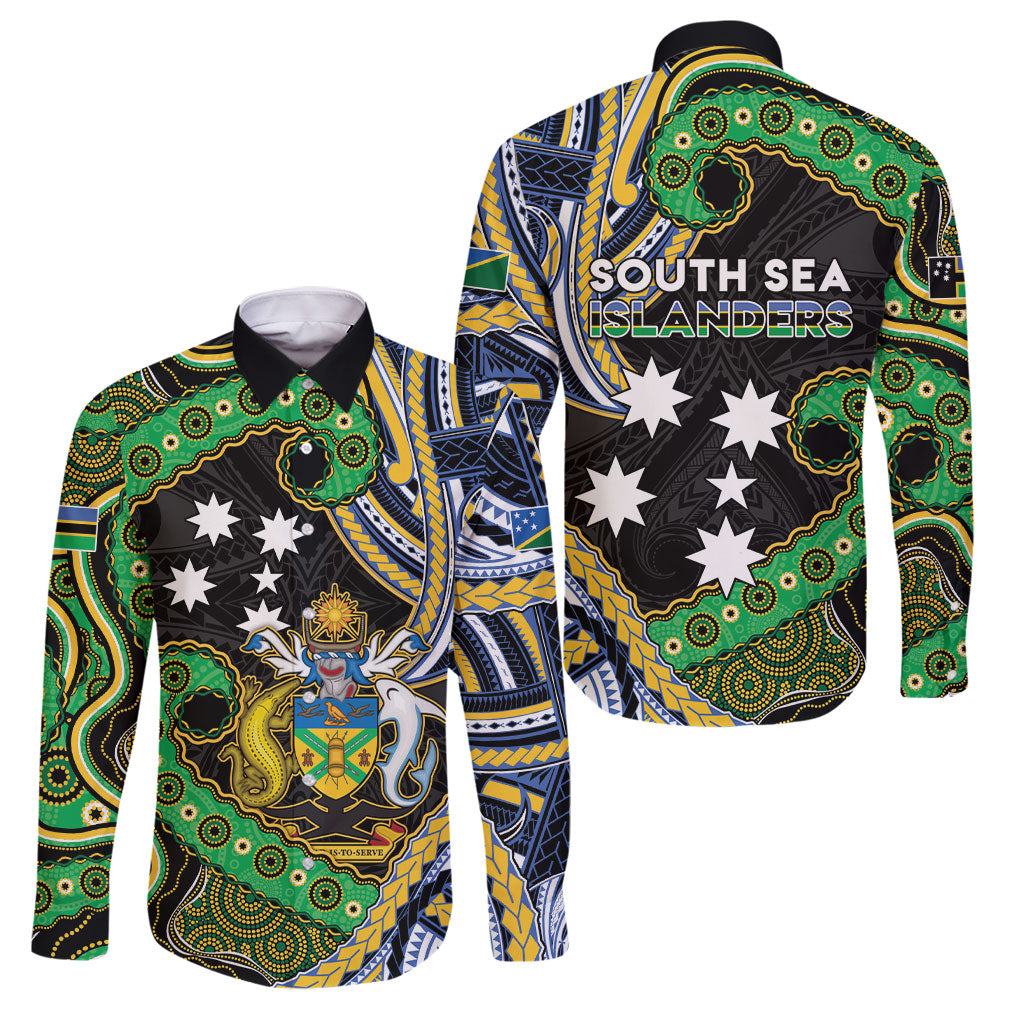 South Sea Islanders And Solomon Islands Family Matching Short Sleeve Bodycon Dress and Hawaiian Shirt Solomons Coat Of Arms And Southern Cross DT05 Dad's Shirt - Long Sleeve Black - Polynesian Pride