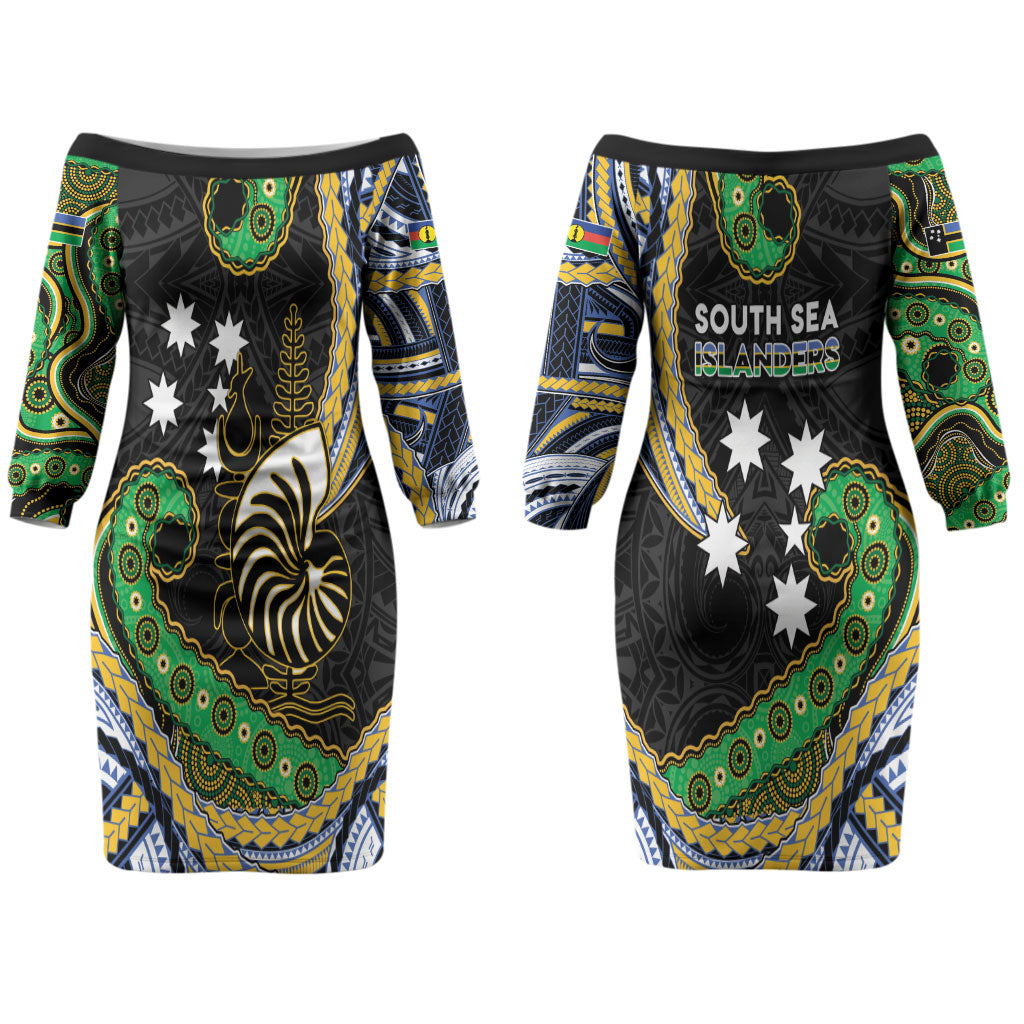 South Sea Islanders And New Caledonia Couples Matching Off The Shoulder Long Sleeve Dress and Hawaiian Shirt Nautilus Shell Southern Cross Tribal Pattern DT05 - Polynesian Pride