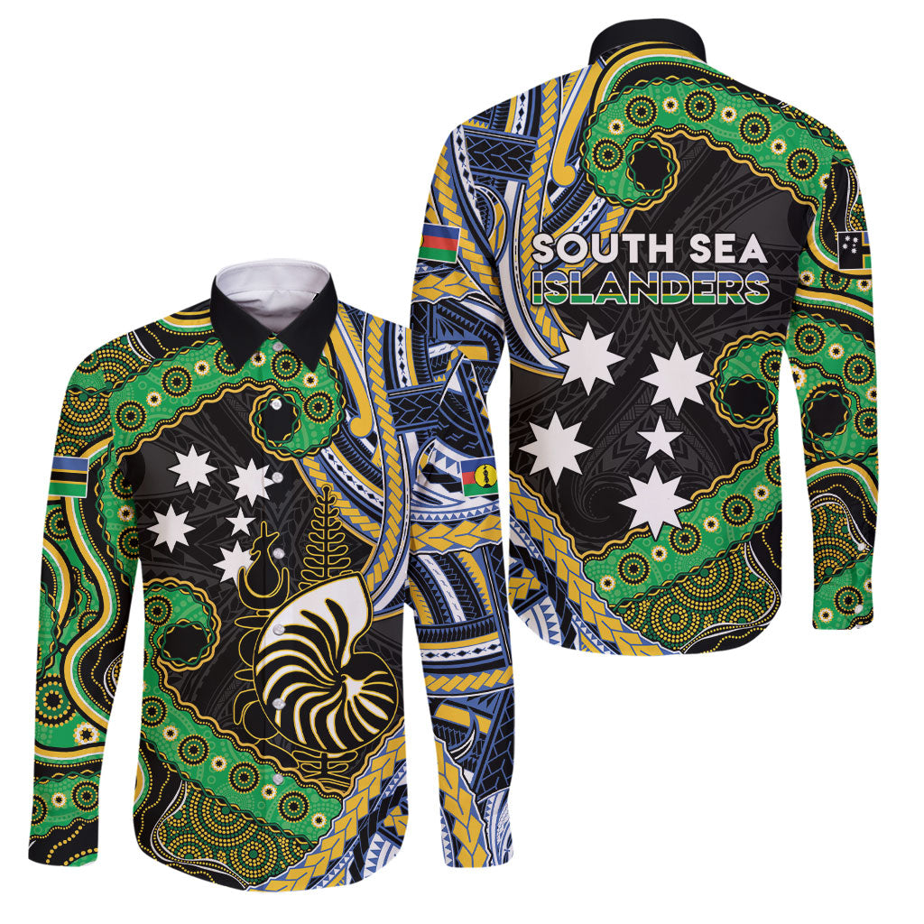 South Sea Islanders And New Caledonia Family Matching Off Shoulder Short Dress and Hawaiian Shirt Nautilus Shell Southern Cross Tribal Pattern DT05 Dad's Shirt - Long Sleeve Black - Polynesian Pride