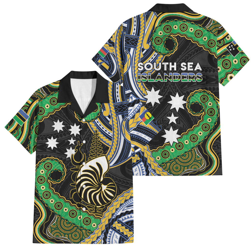 South Sea Islanders And New Caledonia Family Matching Summer Maxi Dress and Hawaiian Shirt Nautilus Shell Southern Cross Tribal Pattern DT05 Dad's Shirt - Short Sleeve Black - Polynesian Pride
