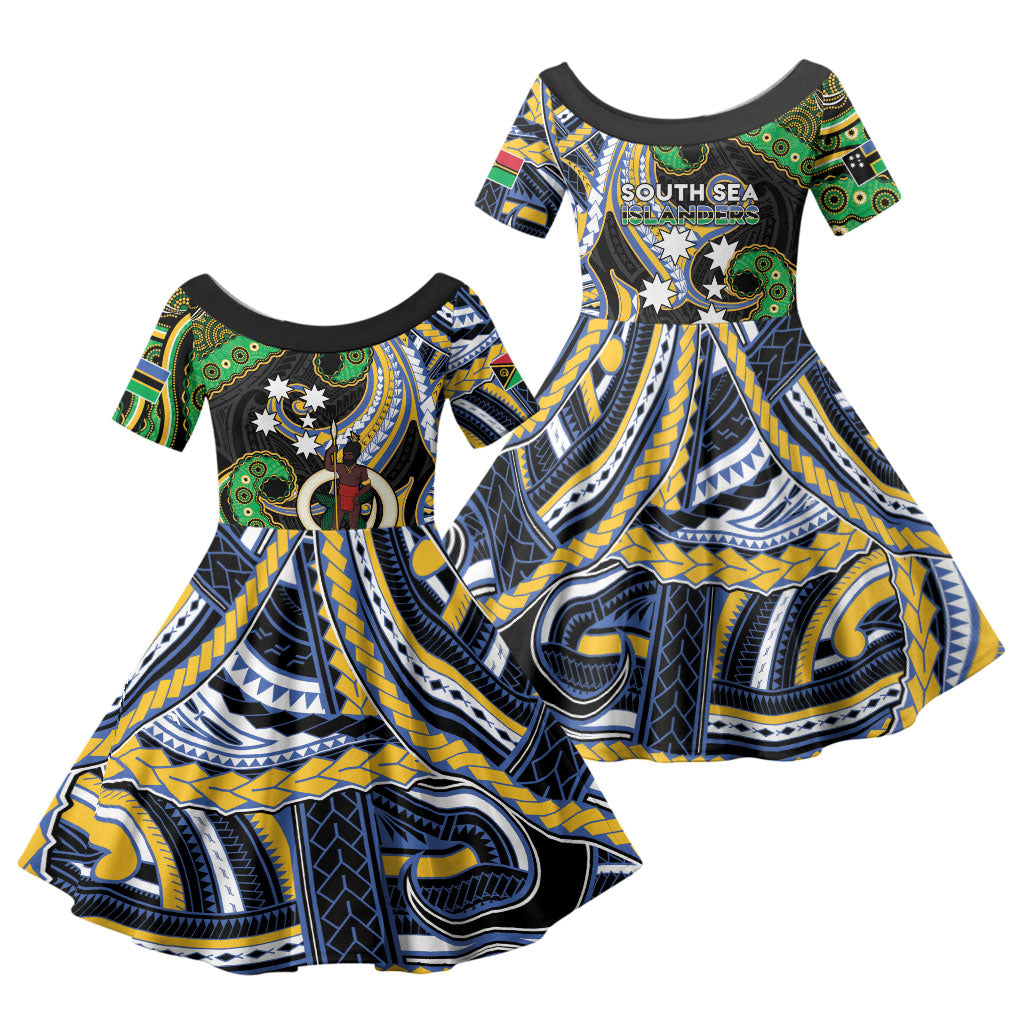 South Sea Islanders And Vanuatu Family Matching Off The Shoulder Long Sleeve Dress and Hawaiian Shirt Boar Tusk Warrior Southern Tribal Pattern DT05 Daughter's Dress Black - Polynesian Pride