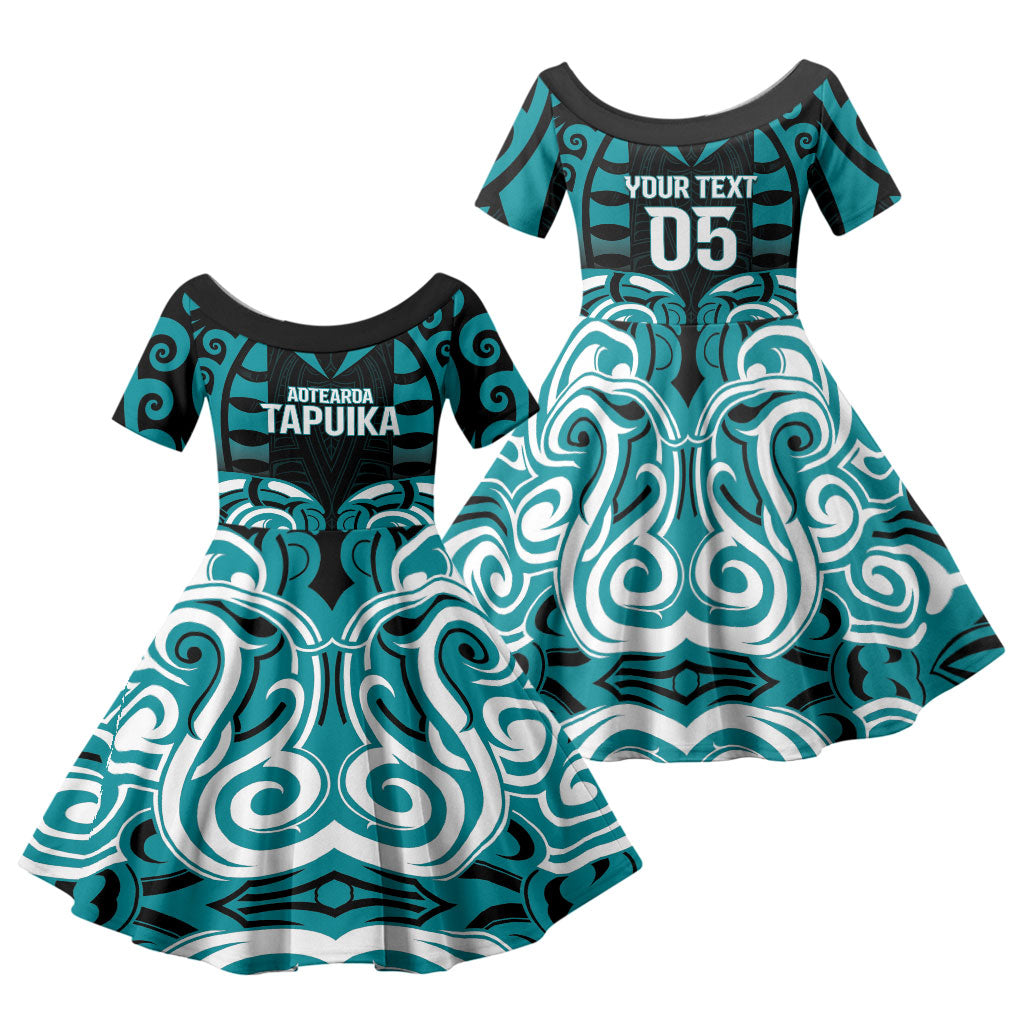 Custom Aotearoa Tapuika Family Matching Off The Shoulder Long Sleeve Dress and Hawaiian Shirt New Zealand Traditional Maori Pattern DT05 Daughter's Dress Teal - Polynesian Pride
