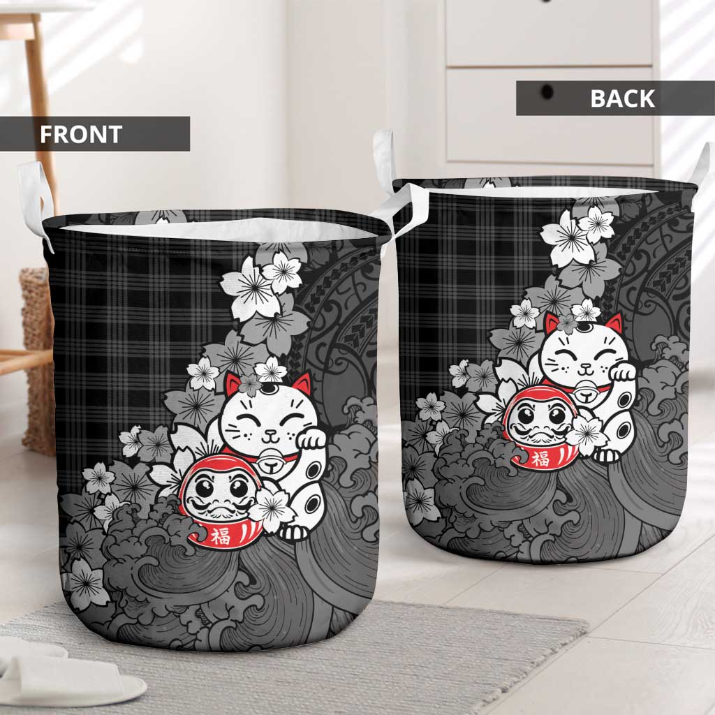 Black Palaka Hawaiian And Japanese Laundry Basket Maneki Neko And Sakura Bloom