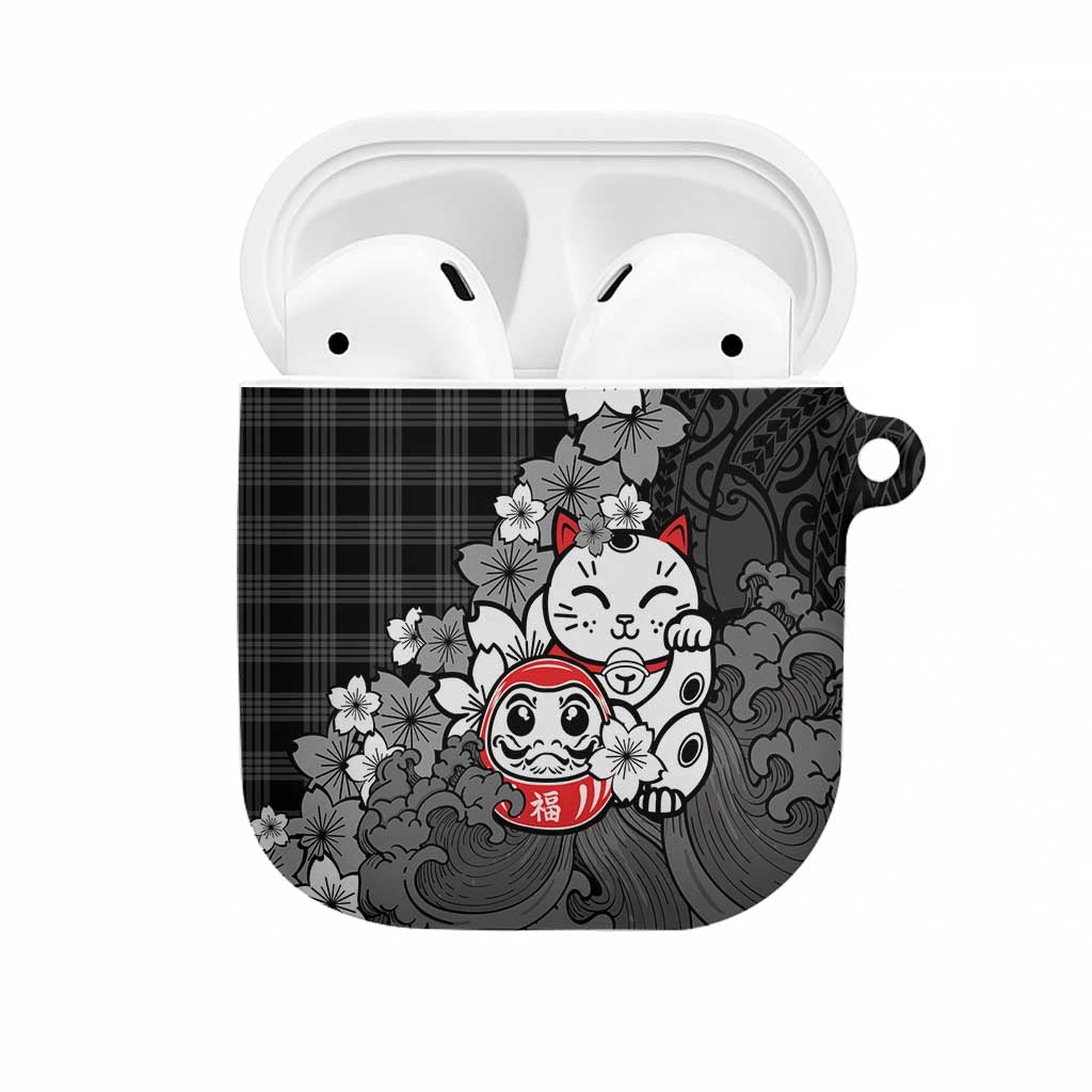 Black Palaka Hawaiian And Japanese AirPods Case Maneki Neko And Sakura Bloom