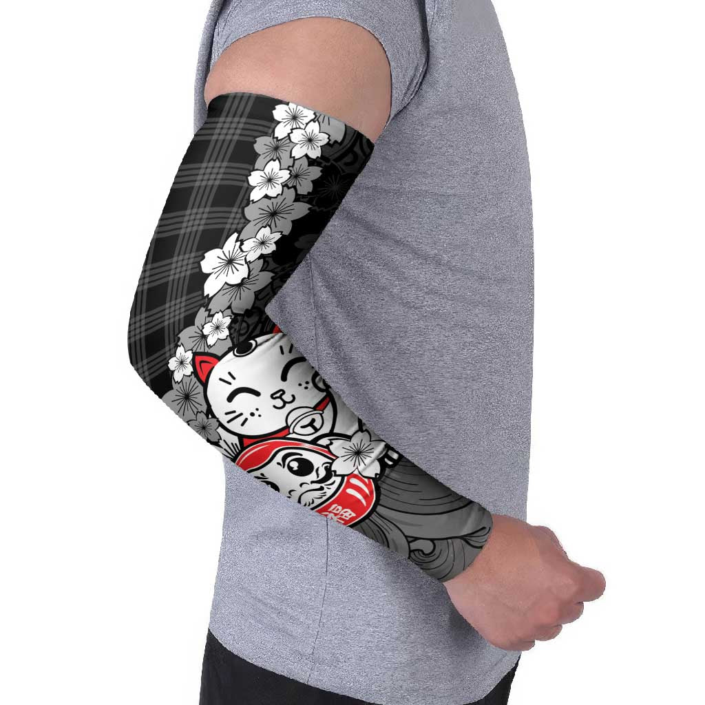 Black Palaka Hawaiian And Japanese Arm Sleeves Maneki Neko And Sakura Bloom DT05 - Polynesian Pride