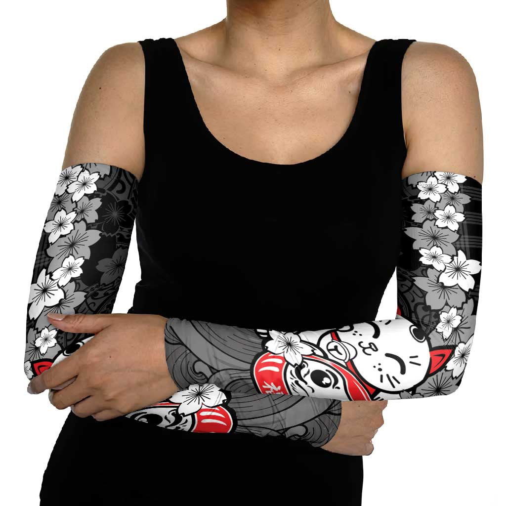 Black Palaka Hawaiian And Japanese Arm Sleeves Maneki Neko And Sakura Bloom DT05 - Polynesian Pride