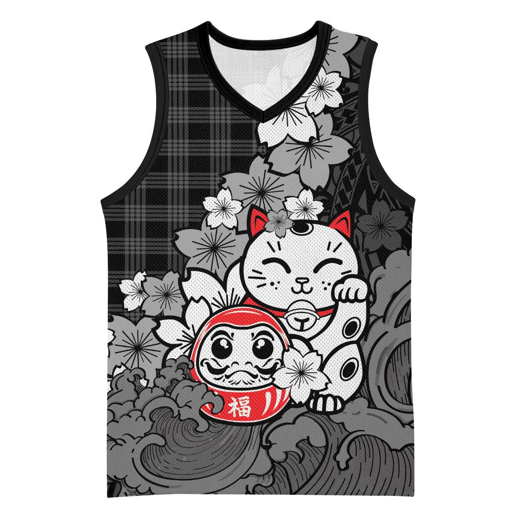 Black Palaka Hawaiian And Japanese Basketball Jersey Maneki Neko And Sakura Bloom