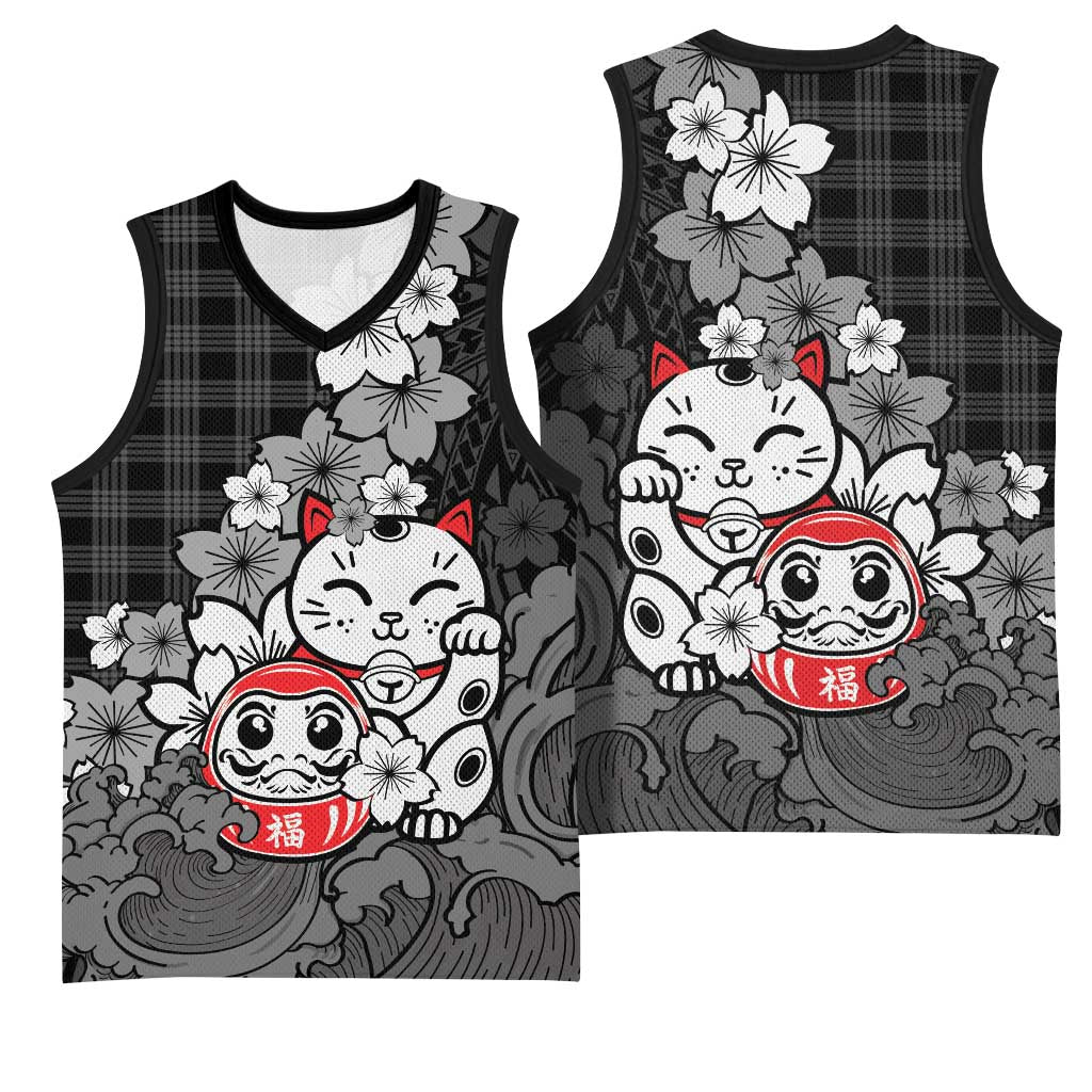 Black Palaka Hawaiian And Japanese Basketball Jersey Maneki Neko And Sakura Bloom