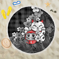 Black Palaka Hawaiian And Japanese Beach Blanket Maneki Neko And Sakura Bloom