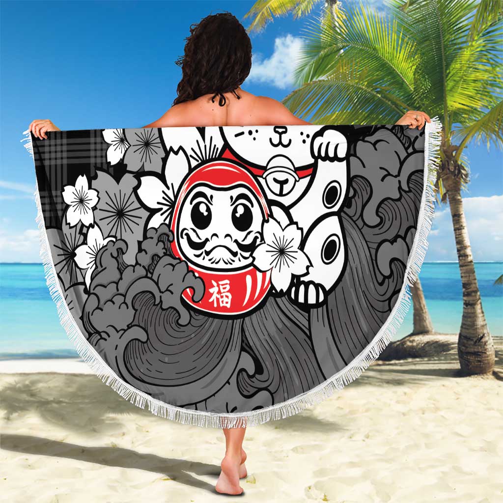 Black Palaka Hawaiian And Japanese Beach Blanket Maneki Neko And Sakura Bloom