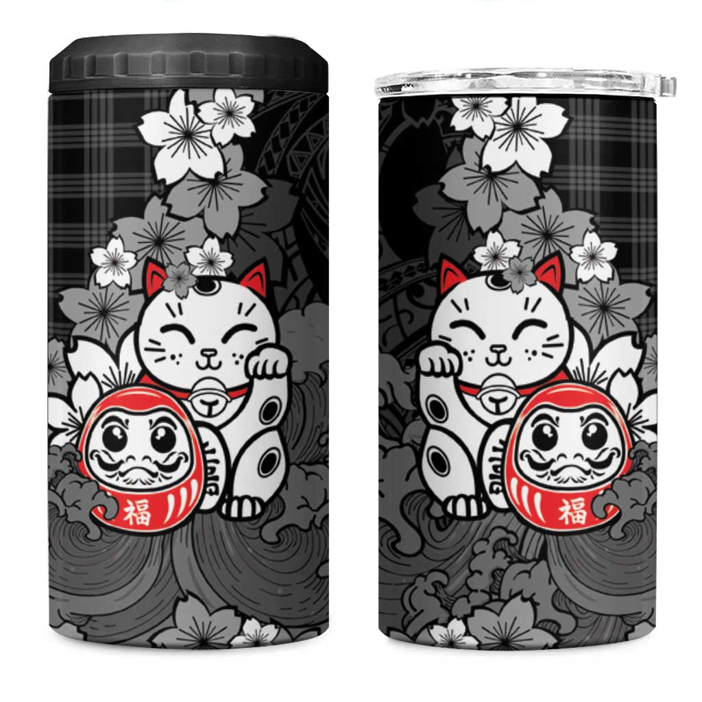 Black Palaka Hawaiian And Japanese 4 in 1 Can Cooler Tumbler Maneki Neko And Sakura Bloom