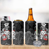 Black Palaka Hawaiian And Japanese 4 in 1 Can Cooler Tumbler Maneki Neko And Sakura Bloom