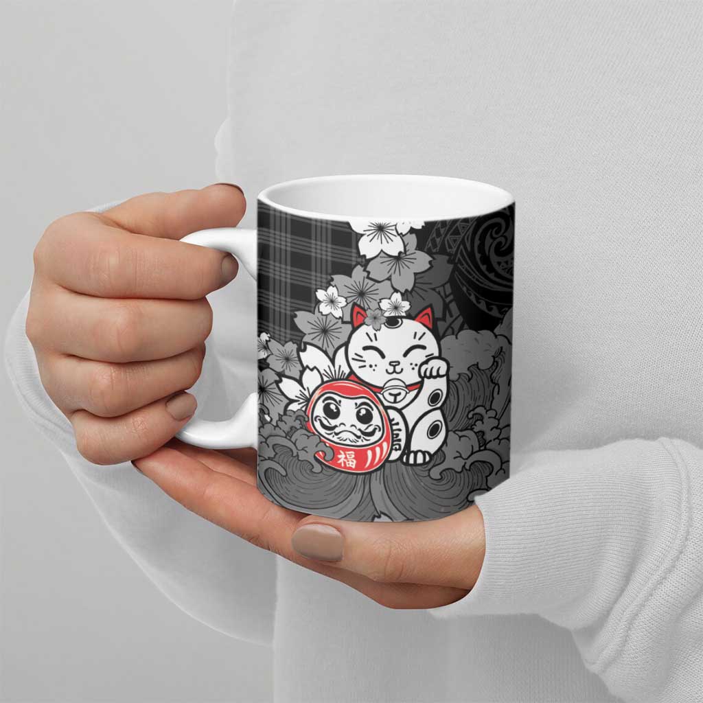 Black Palaka Hawaiian And Japanese Ceramic Mug Maneki Neko And Sakura Bloom