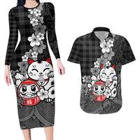 Black Palaka Hawaiian And Japanese Couples Matching Long Sleeve Bodycon Dress and Hawaiian Shirt Maneki Neko And Sakura Bloom DT05 Black - Polynesian Pride