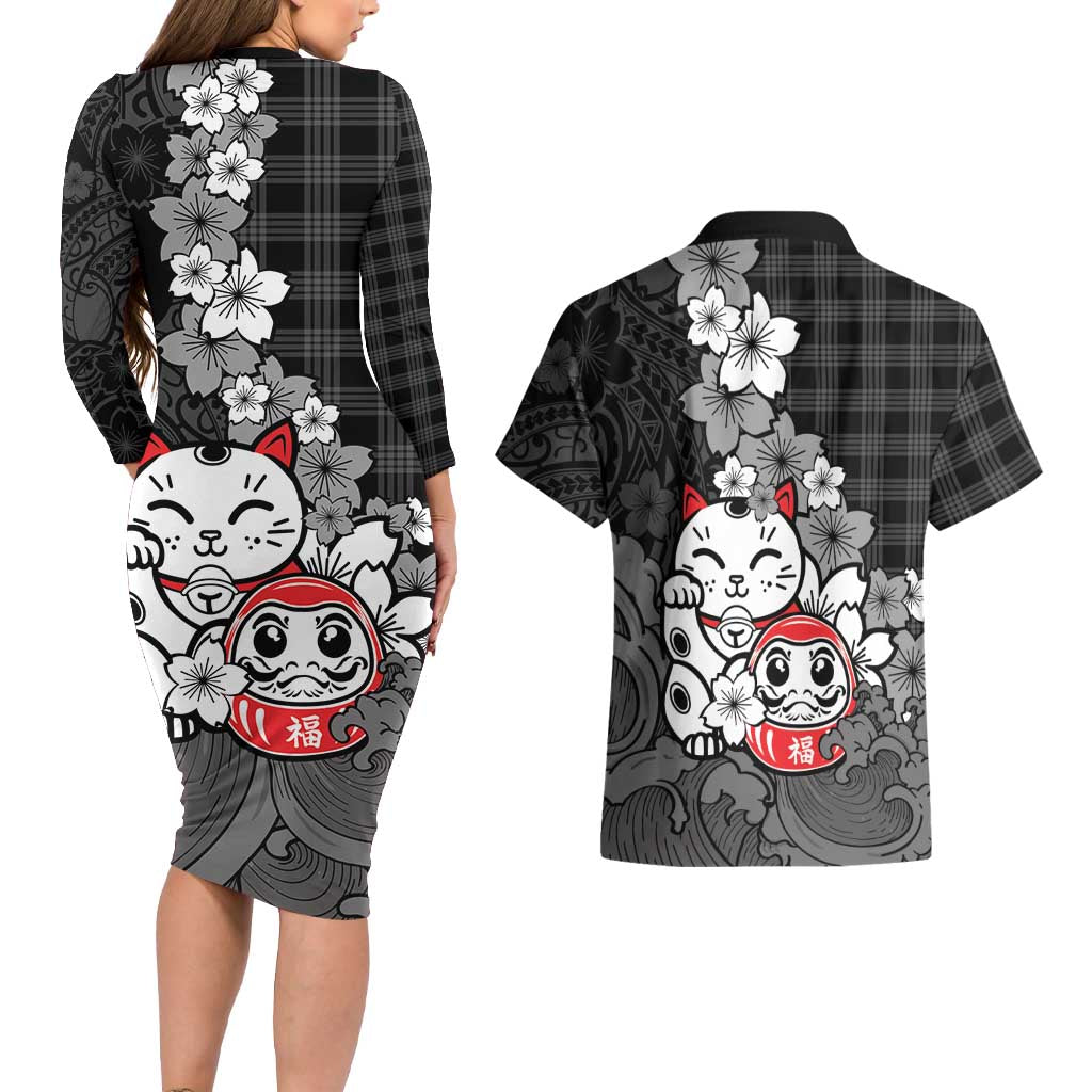 Black Palaka Hawaiian And Japanese Couples Matching Long Sleeve Bodycon Dress and Hawaiian Shirt Maneki Neko And Sakura Bloom DT05 - Polynesian Pride