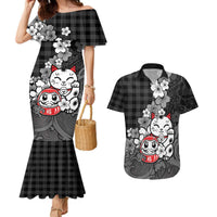 Black Palaka Hawaiian And Japanese Couples Matching Mermaid Dress and Hawaiian Shirt Maneki Neko And Sakura Bloom