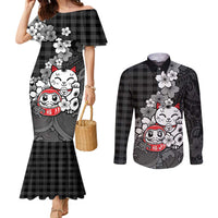 Black Palaka Hawaiian And Japanese Couples Matching Mermaid Dress and Long Sleeve Button Shirt Maneki Neko And Sakura Bloom