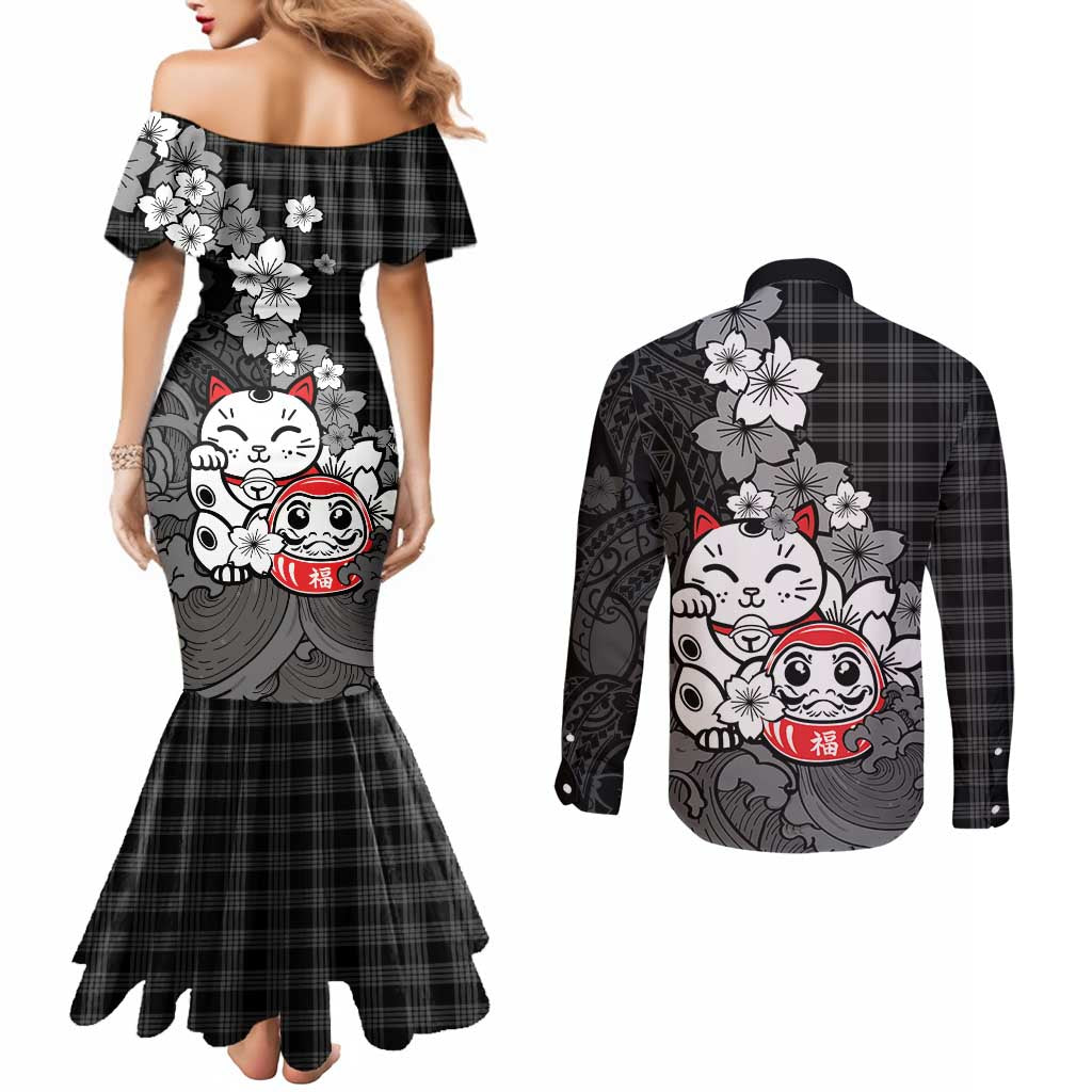 Black Palaka Hawaiian And Japanese Couples Matching Mermaid Dress and Long Sleeve Button Shirt Maneki Neko And Sakura Bloom
