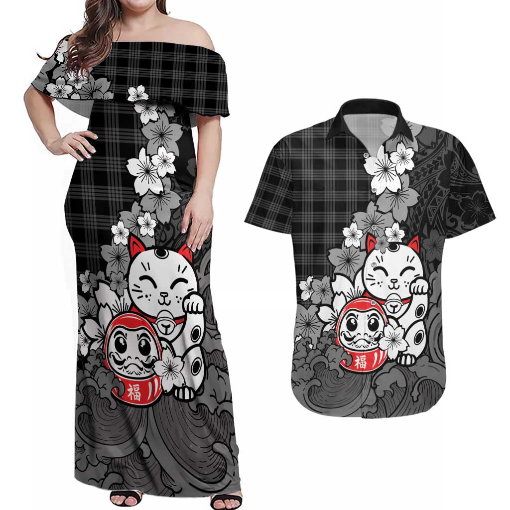 Black Palaka Hawaiian And Japanese Couples Matching Off Shoulder Maxi Dress and Hawaiian Shirt Maneki Neko And Sakura Bloom