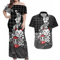 Black Palaka Hawaiian And Japanese Couples Matching Off Shoulder Maxi Dress and Hawaiian Shirt Maneki Neko And Sakura Bloom