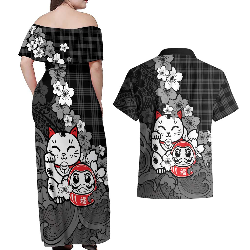 Black Palaka Hawaiian And Japanese Couples Matching Off Shoulder Maxi Dress and Hawaiian Shirt Maneki Neko And Sakura Bloom
