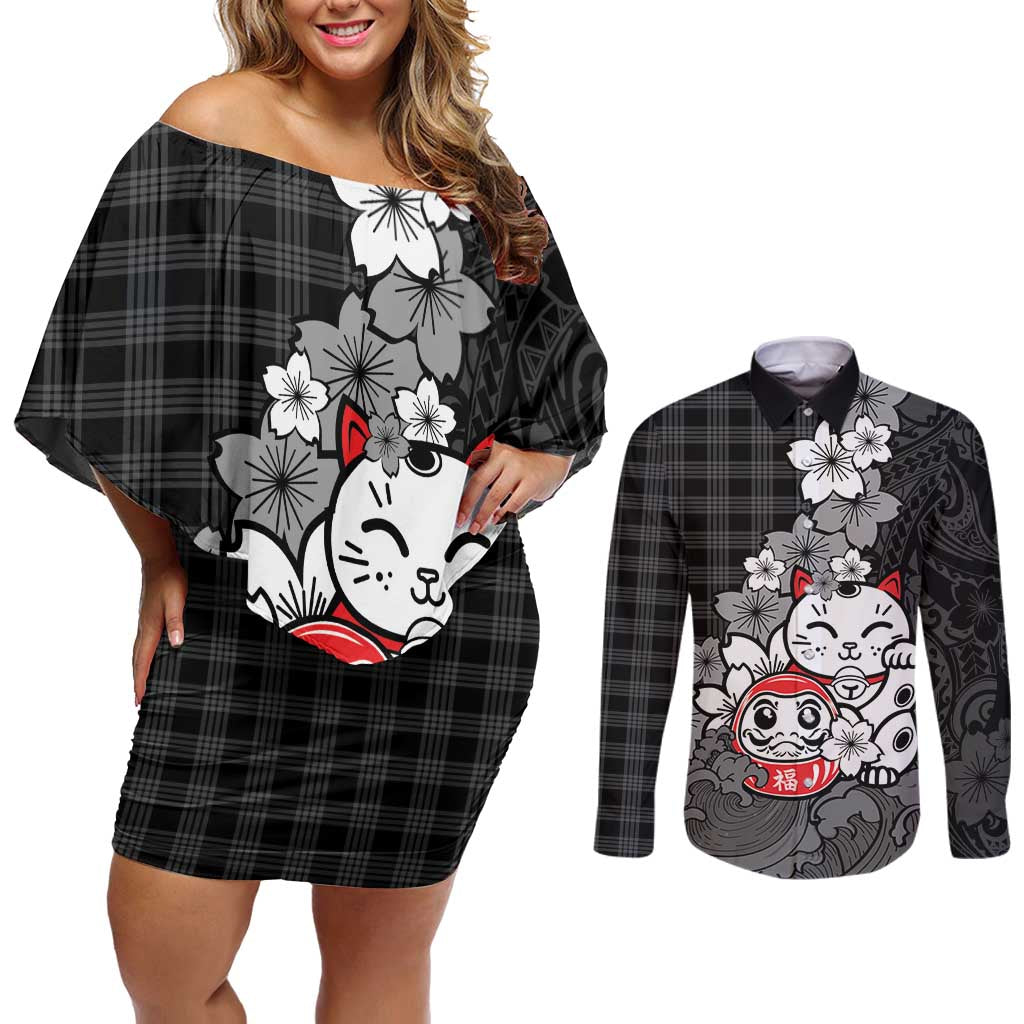 Black Palaka Hawaiian And Japanese Couples Matching Off Shoulder Short Dress and Long Sleeve Button Shirt Maneki Neko And Sakura Bloom DT05 Black - Polynesian Pride