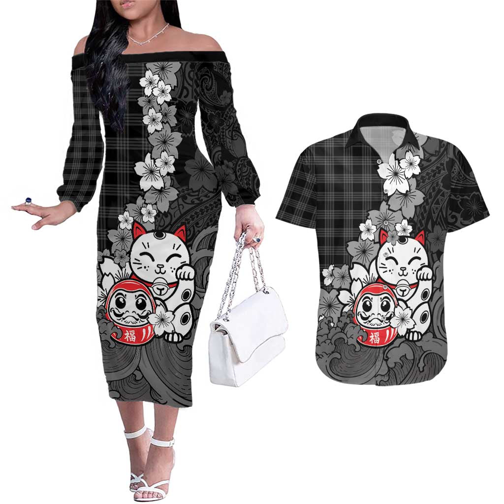 Black Palaka Hawaiian And Japanese Couples Matching Off The Shoulder Long Sleeve Dress and Hawaiian Shirt Maneki Neko And Sakura Bloom DT05 Black - Polynesian Pride