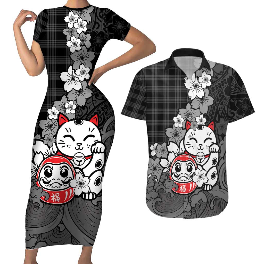 Black Palaka Hawaiian And Japanese Couples Matching Short Sleeve Bodycon Dress and Hawaiian Shirt Maneki Neko And Sakura Bloom DT05 Black - Polynesian Pride