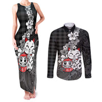 Black Palaka Hawaiian And Japanese Couples Matching Tank Maxi Dress and Long Sleeve Button Shirt Maneki Neko And Sakura Bloom