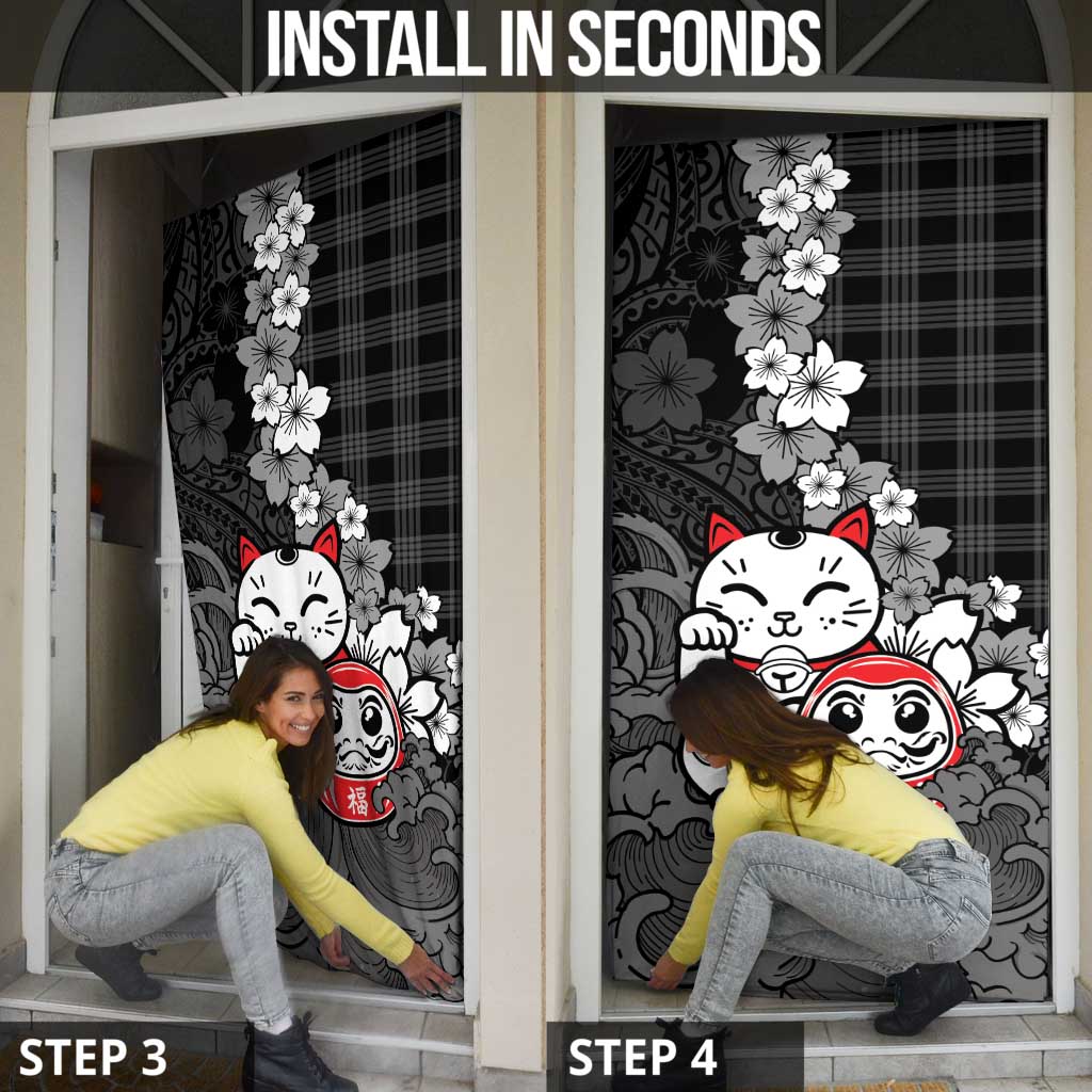 Black Palaka Hawaiian And Japanese Door Cover Maneki Neko And Sakura Bloom