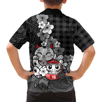 Black Palaka Hawaiian And Japanese Family Matching Long Sleeve Bodycon Dress and Hawaiian Shirt Maneki Neko And Sakura Bloom DT05 - Polynesian Pride