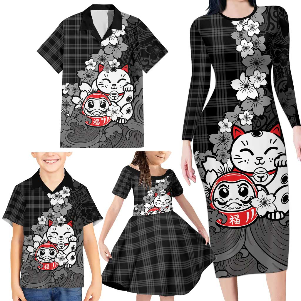 Black Palaka Hawaiian And Japanese Family Matching Long Sleeve Bodycon Dress and Hawaiian Shirt Maneki Neko And Sakura Bloom DT05 - Polynesian Pride