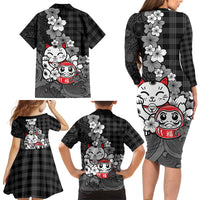 Black Palaka Hawaiian And Japanese Family Matching Long Sleeve Bodycon Dress and Hawaiian Shirt Maneki Neko And Sakura Bloom DT05 - Polynesian Pride