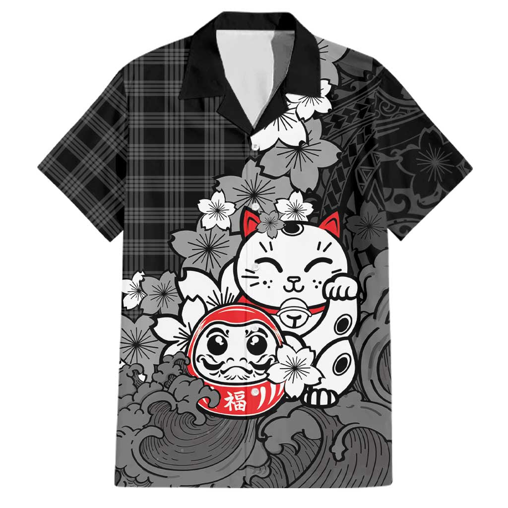 Black Palaka Hawaiian And Japanese Family Matching Long Sleeve Bodycon Dress and Hawaiian Shirt Maneki Neko And Sakura Bloom DT05 Dad's Shirt - Short Sleeve Black - Polynesian Pride
