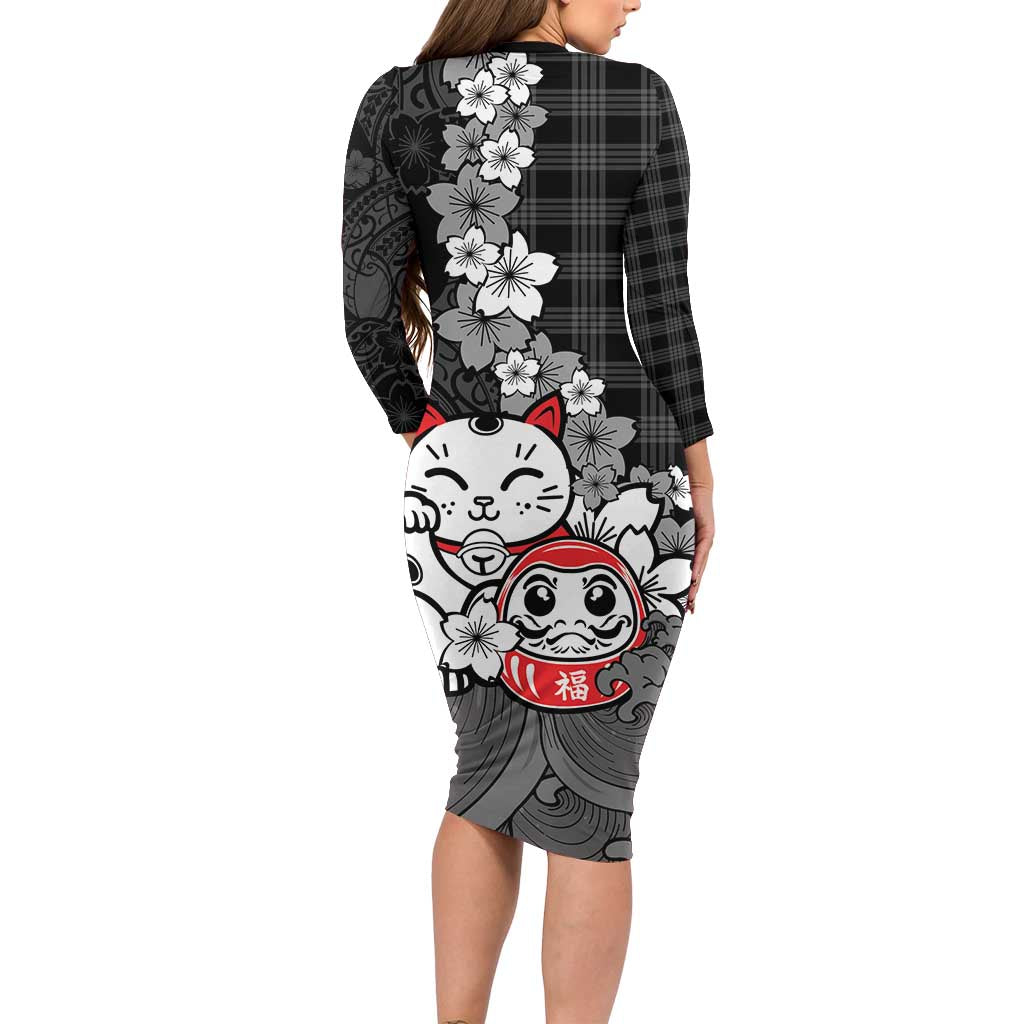 Black Palaka Hawaiian And Japanese Family Matching Long Sleeve Bodycon Dress and Hawaiian Shirt Maneki Neko And Sakura Bloom DT05 - Polynesian Pride