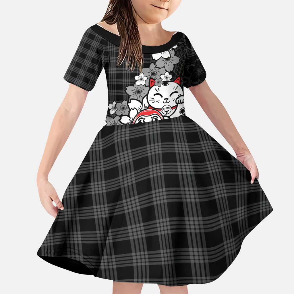 Black Palaka Hawaiian And Japanese Family Matching Mermaid Dress and Hawaiian Shirt Maneki Neko And Sakura Bloom DT05 Daughter's Dress Black - Polynesian Pride