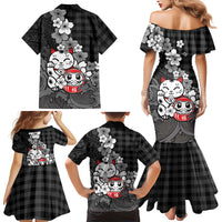 Black Palaka Hawaiian And Japanese Family Matching Mermaid Dress and Hawaiian Shirt Maneki Neko And Sakura Bloom DT05 - Polynesian Pride