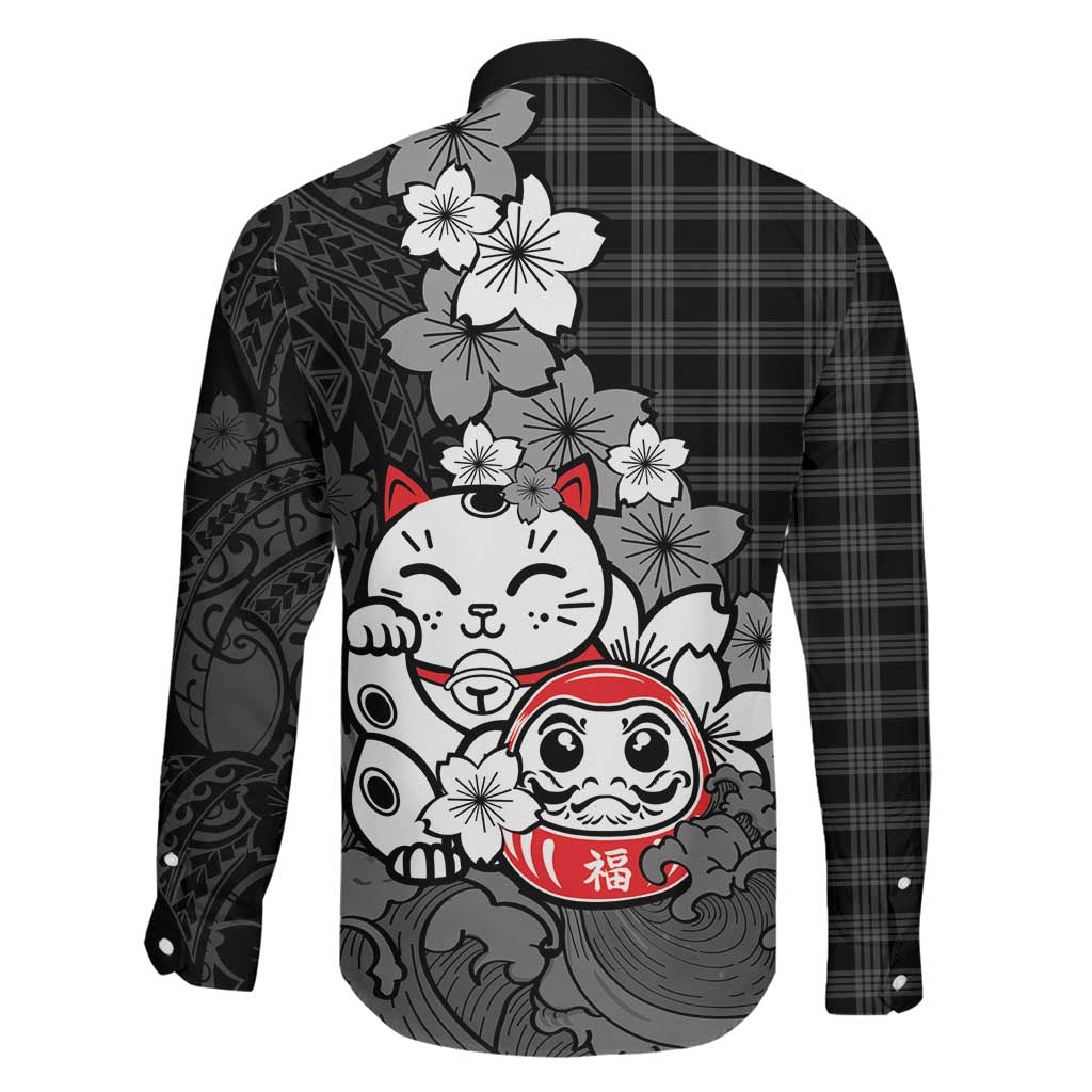 Black Palaka Hawaiian And Japanese Family Matching Mermaid Dress and Hawaiian Shirt Maneki Neko And Sakura Bloom DT05 - Polynesian Pride