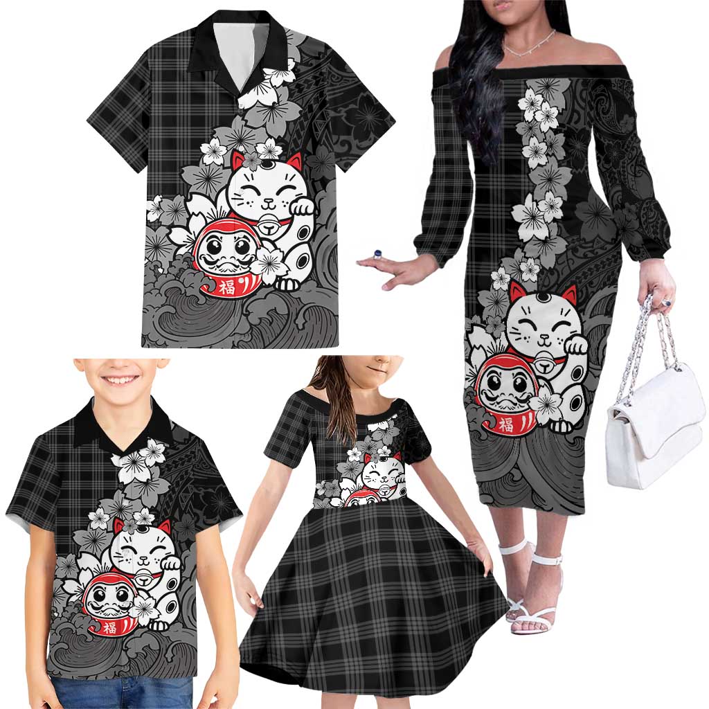 Black Palaka Hawaiian And Japanese Family Matching Off The Shoulder Long Sleeve Dress and Hawaiian Shirt Maneki Neko And Sakura Bloom DT05 - Polynesian Pride