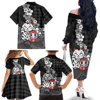 Black Palaka Hawaiian And Japanese Family Matching Off The Shoulder Long Sleeve Dress and Hawaiian Shirt Maneki Neko And Sakura Bloom DT05 - Polynesian Pride