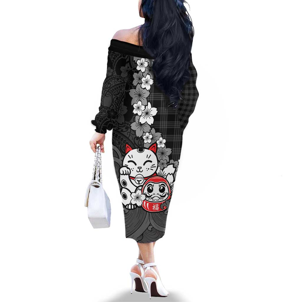 Black Palaka Hawaiian And Japanese Family Matching Off The Shoulder Long Sleeve Dress and Hawaiian Shirt Maneki Neko And Sakura Bloom DT05 - Polynesian Pride