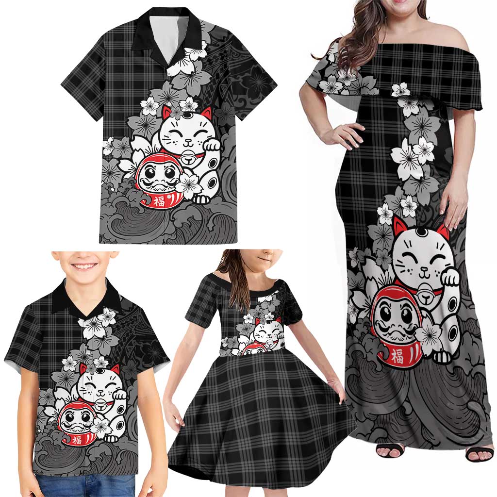Black Palaka Hawaiian And Japanese Family Matching Off Shoulder Maxi Dress and Hawaiian Shirt Maneki Neko And Sakura Bloom DT05 - Polynesian Pride