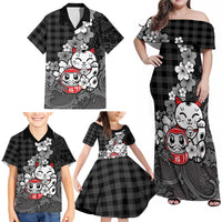 Black Palaka Hawaiian And Japanese Family Matching Off Shoulder Maxi Dress and Hawaiian Shirt Maneki Neko And Sakura Bloom DT05 - Polynesian Pride