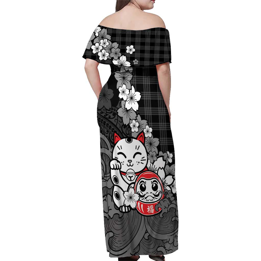 Black Palaka Hawaiian And Japanese Family Matching Off Shoulder Maxi Dress and Hawaiian Shirt Maneki Neko And Sakura Bloom DT05 - Polynesian Pride