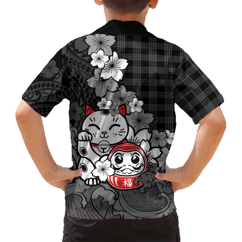 Black Palaka Hawaiian And Japanese Family Matching Off Shoulder Short Dress and Hawaiian Shirt Maneki Neko And Sakura Bloom DT05 - Polynesian Pride